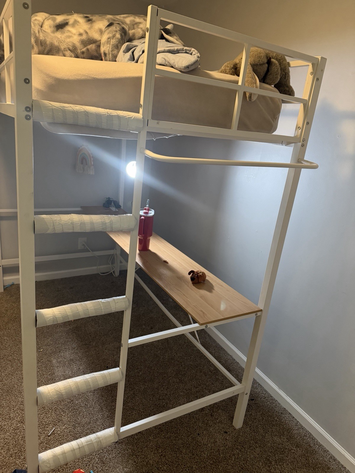 White Metal Twin Loft Bed Frame, Painted Finish, Solid, Built-In Ladder gallery