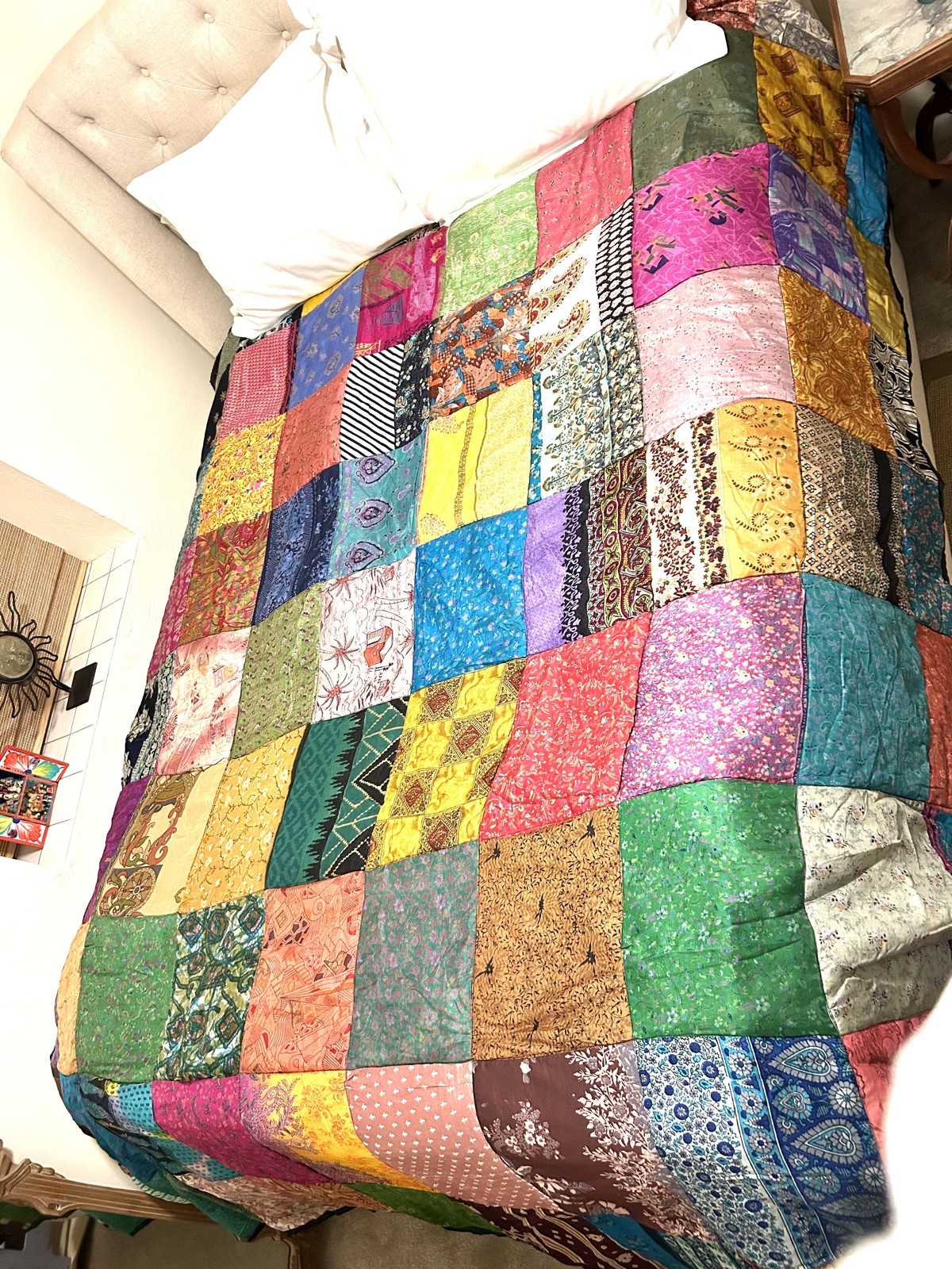 Sacred Threads Bohemian Silk Patchwork Quilt. 78”X 93”. Made In India gallery