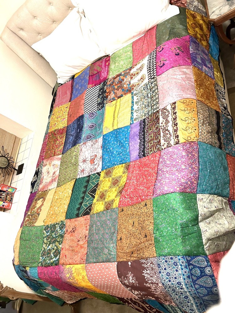 Sacred Threads Bohemian Silk Patchwork Quilt. 78”X 93”. Made In India