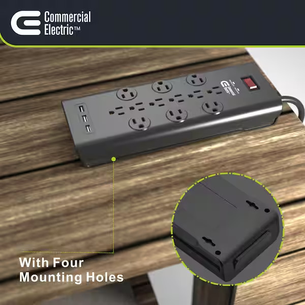 Commercial Electric 6 ft. 12-Outlet Black Surge Protector with USB gallery