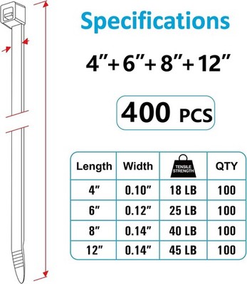 Zip Ties Assorted Sizes 4"+6"+8"+12" 400 Pack Black gallery