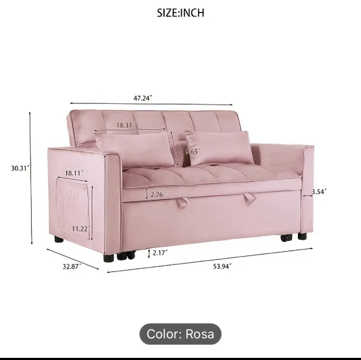 Pink Convertible Sofa Bed with Storage Modern Velvet Loveseat Sleeper Couch, gallery