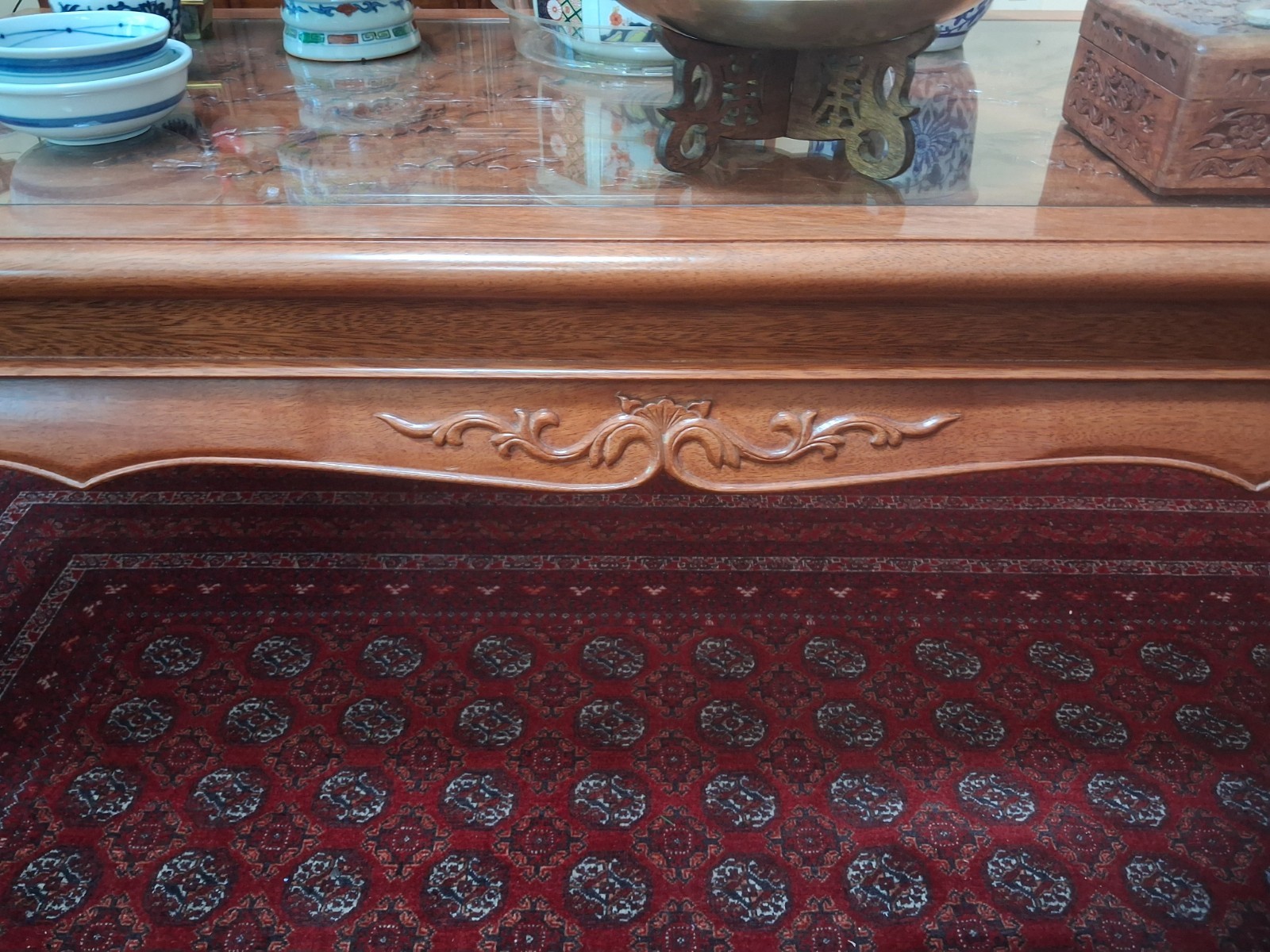 Custom Hand Crafted Solid Rosewood Coffee Table with Glass Top and Carvings gallery