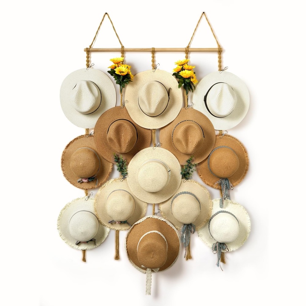 Macrame Hat Organizer Rack for Wall 15 Clips 31x66in Large Fedora Hat Hangers...