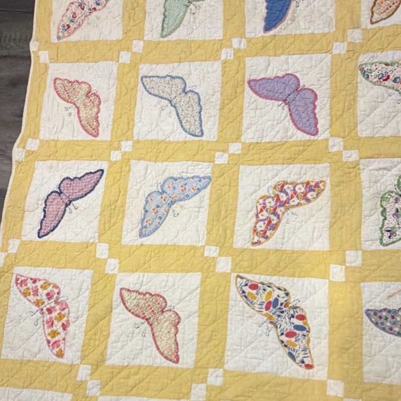 Patchwork Quilt Yellow & White w/ Multicolor Butterfly Squares Coverlet 63” x 73 gallery