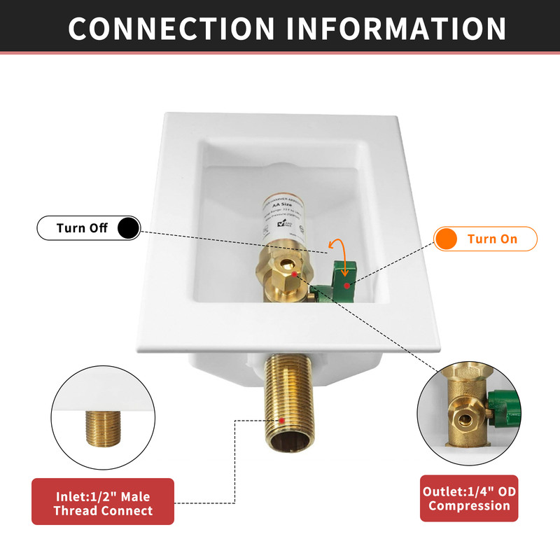 EFIELD 1/2" MNPT Inlet Ice Maker Outlet Box, With Copper Water Hammer Arrestor gallery