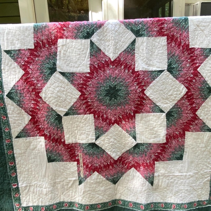Handmade Lone Star Patchwork Quilt Pink Green Floral Hand Quilted Full Sz 86x94 gallery
