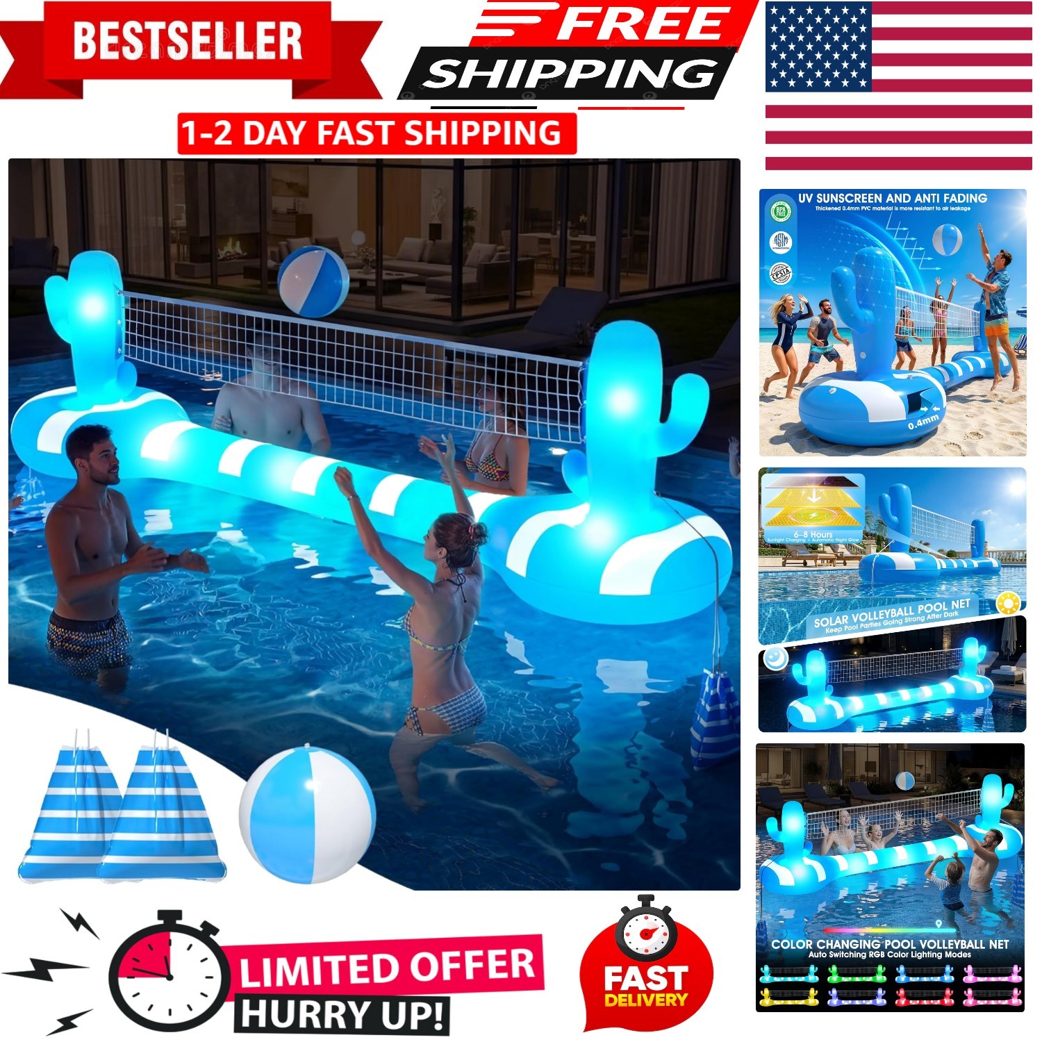 Light-Up Inflatable Volleyball Net for Pools - 7-Color Glow with Weighted Bags gallery