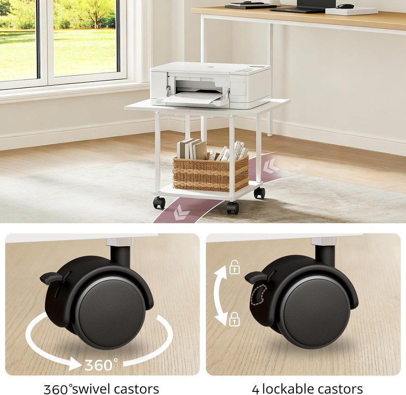 2-Tier Industrial Mobile Printer Stand, Rolling Cart with Storage Shelf, Lockabl gallery