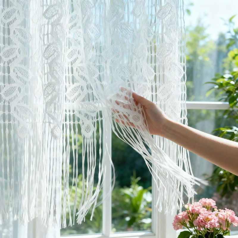 1 Panel White Lace Leaf Pattern Sheer Curtain Valance for Kitchen Small Window R gallery