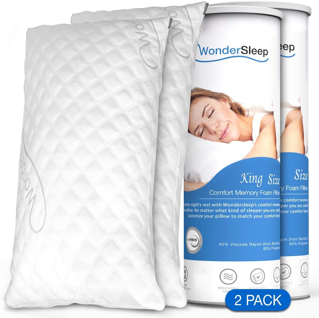 WonderSleep 2 Pack Memory Foam Bed Pillows for Home - King size gallery