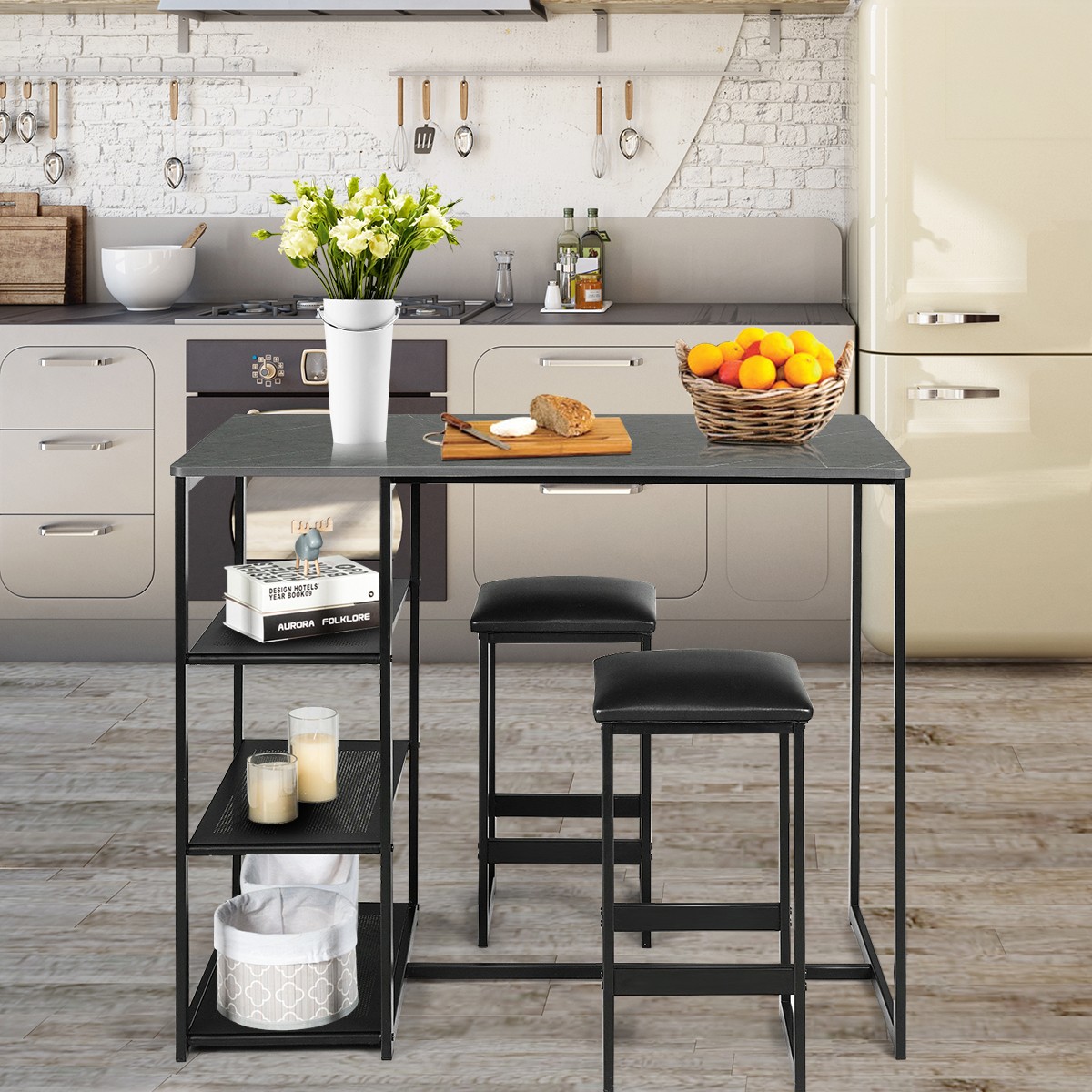 3 PCS Simple Industrial Pub Set Faux Marble Top Table 2 Bartools Dining Room Set gallery