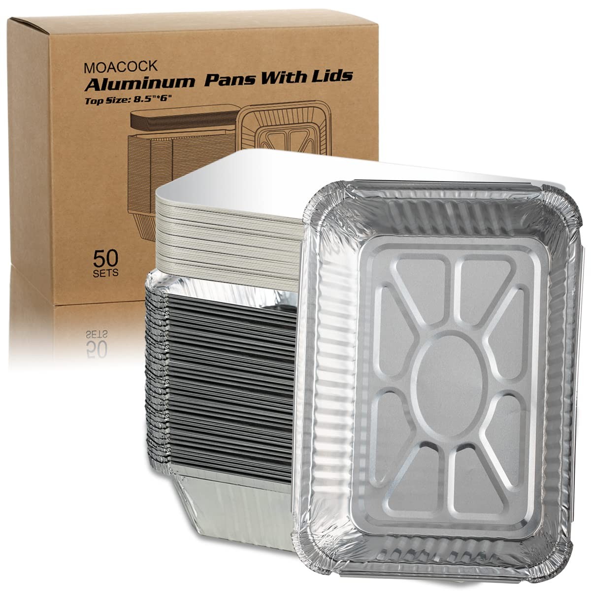 MOACOCK 50 Pack Aluminum Pans with Lids(8.5"×6"), 2.25lb Foil Pans with Board... gallery