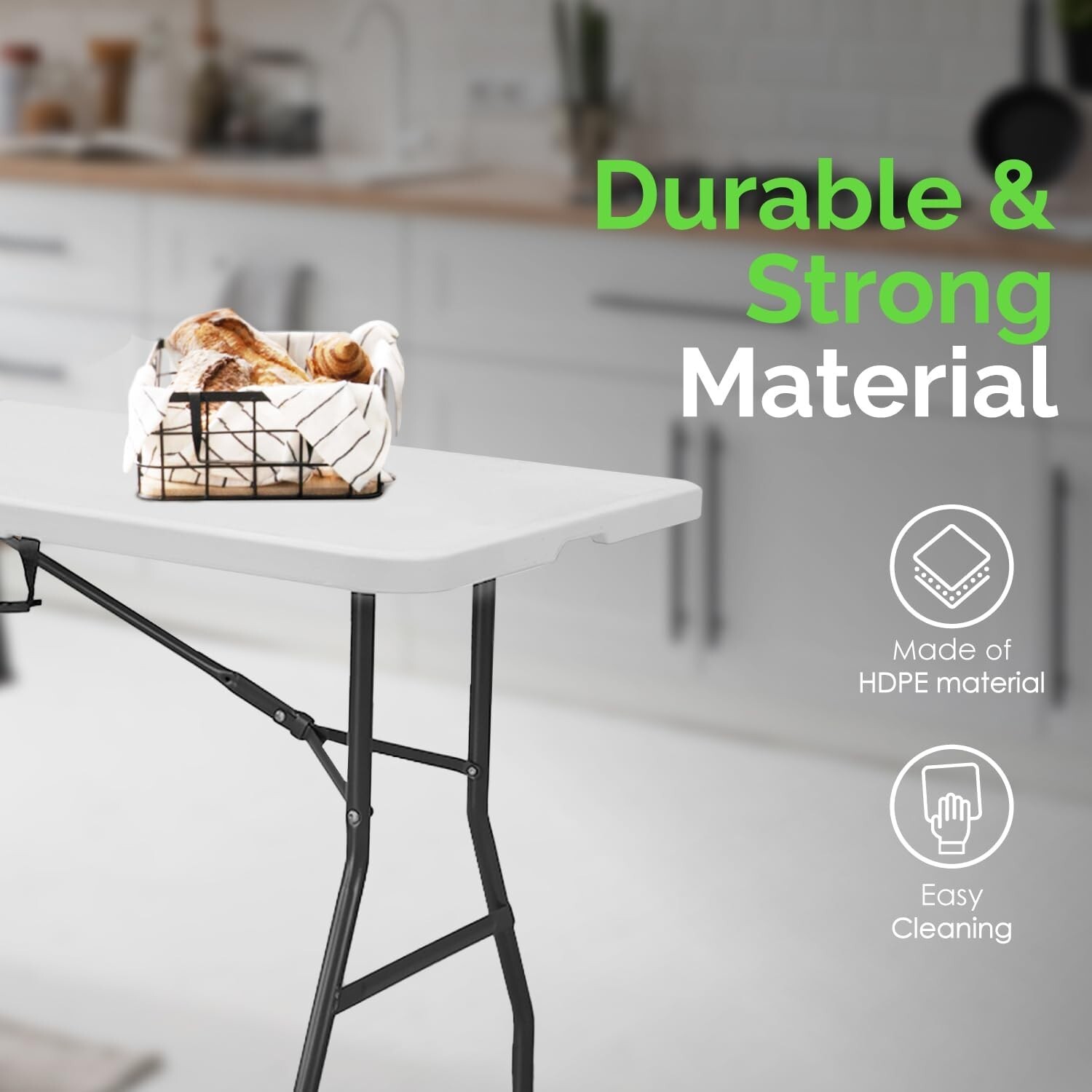 EconoHome White 6ft Folding Table with Handle | Heavy-Duty Foldable Table gallery