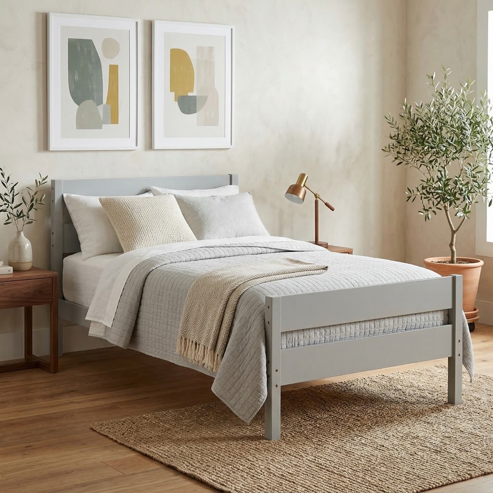 Gray Twin Size Platform Bed Frame Solid Pine Wood with Slat Support