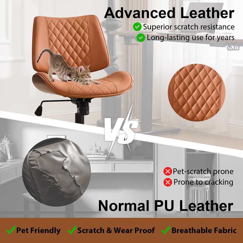 Ergonomic Mid Back Armless Chair, Adjustable Height, 360 Swivel, Brown Leather. gallery