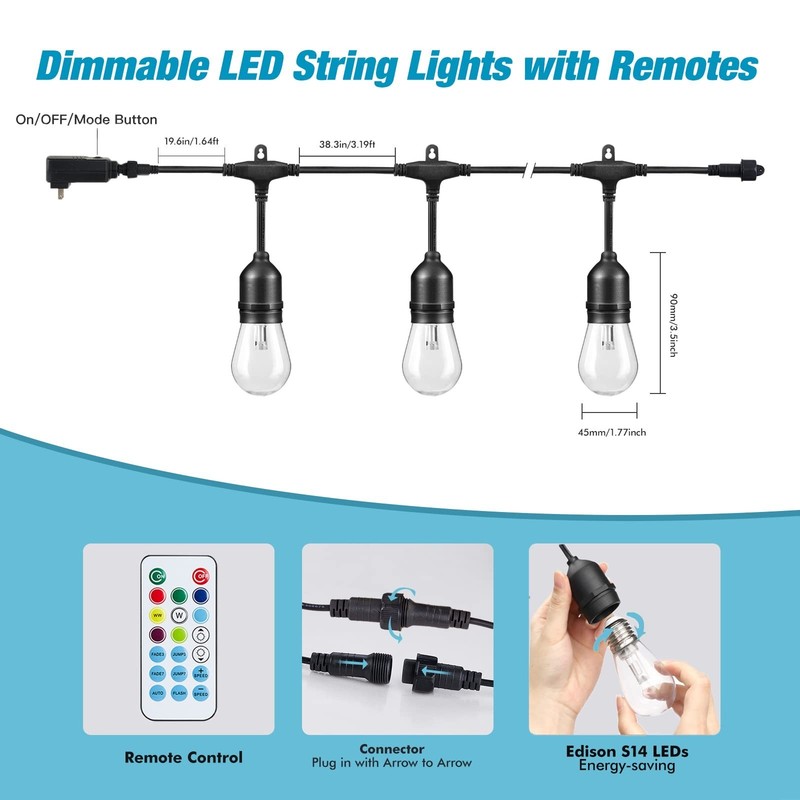 24FT Solar String Lights, 12 Shatterproof LED Bulbs, Dimmable RGB, Waterproof fo gallery