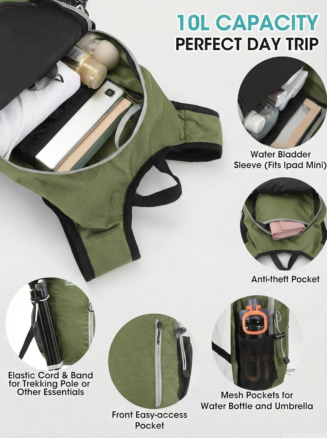 Foldable Small Hiking Backpack with 3 Strap Pockets – Lightweight 300D Spill-... 5
