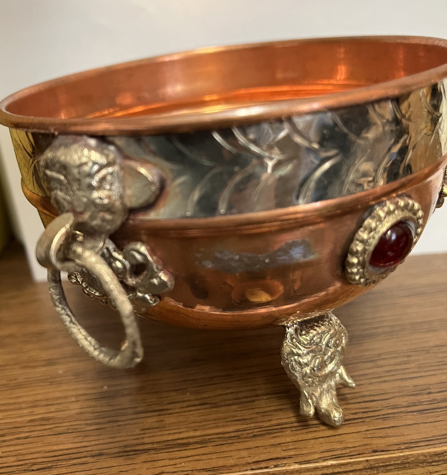 Small footed copper and brass ritual offering bowl Buddhist 3" tall flaw gallery