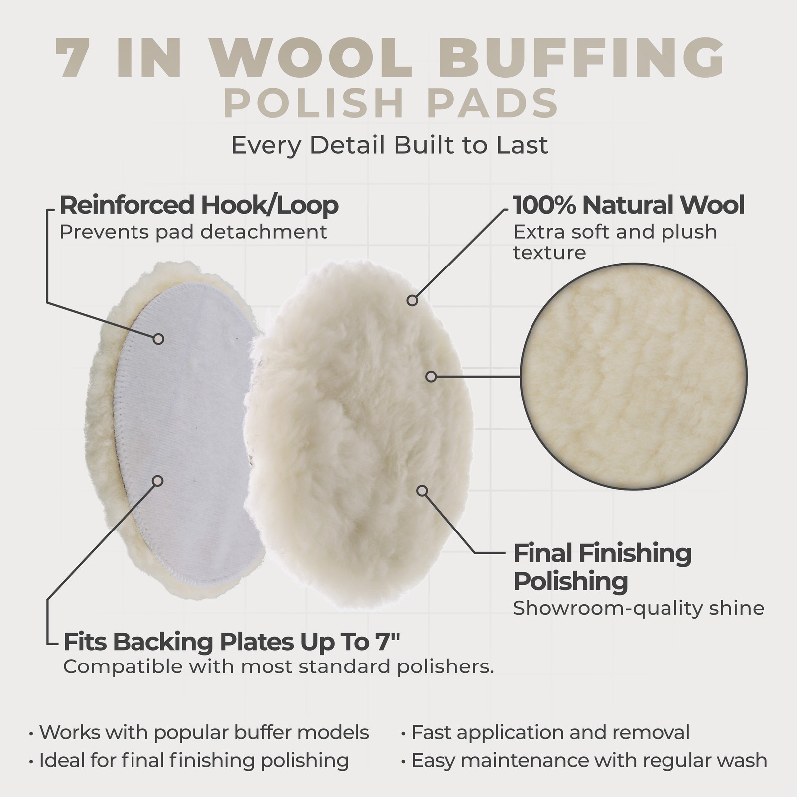 7" Natural 100% Wool 1" Pile Grip Buffing & Polishing Pad 2-Pack gallery