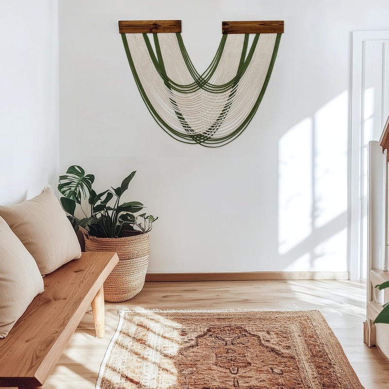 Green Macrame Wall Hanging Macrame Wall Decor, Handmade Beige Yarn Tassel Boh... gallery