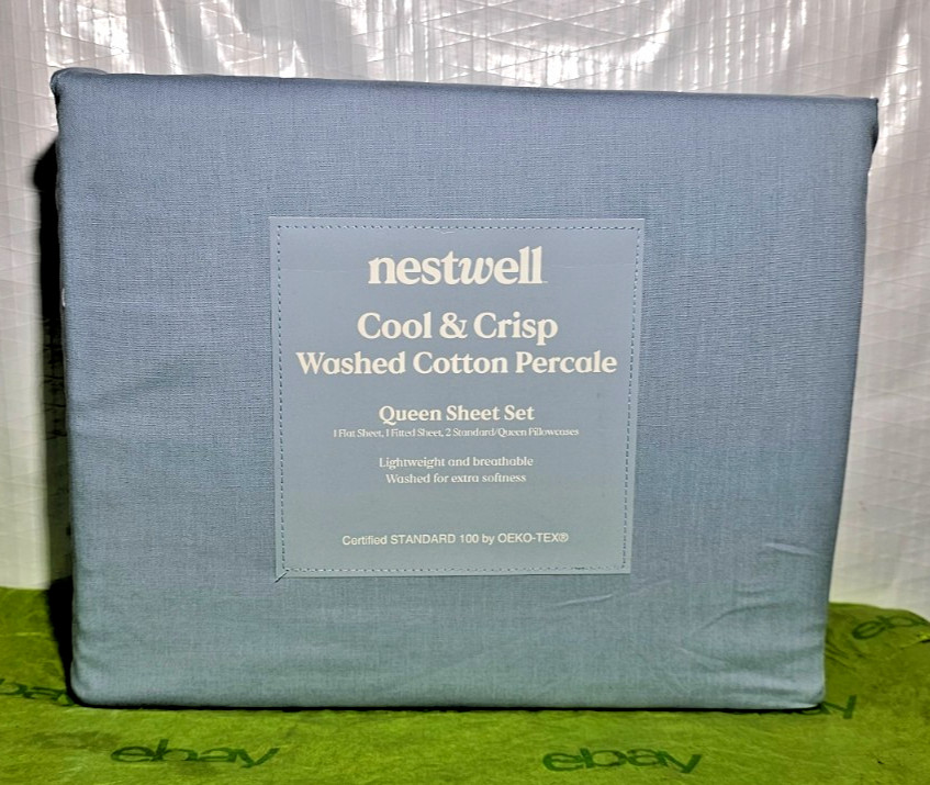 Nestwell Cool & Crisp Washed Cotton Percale Queen Sheet Set Blue gallery