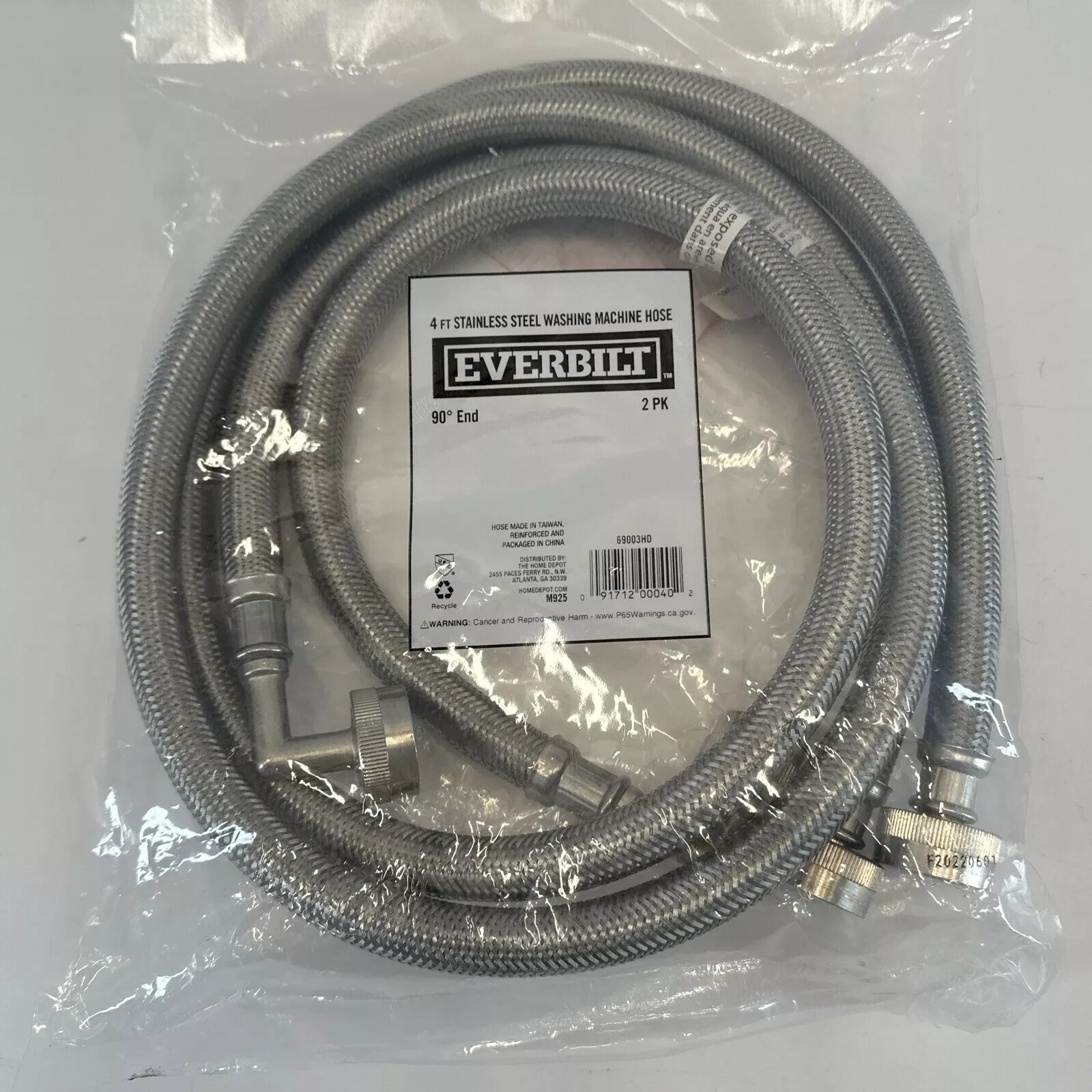 2 pack Everbilt Stainless Washing Machine Hoses 4 Ft 90 Degree End gallery