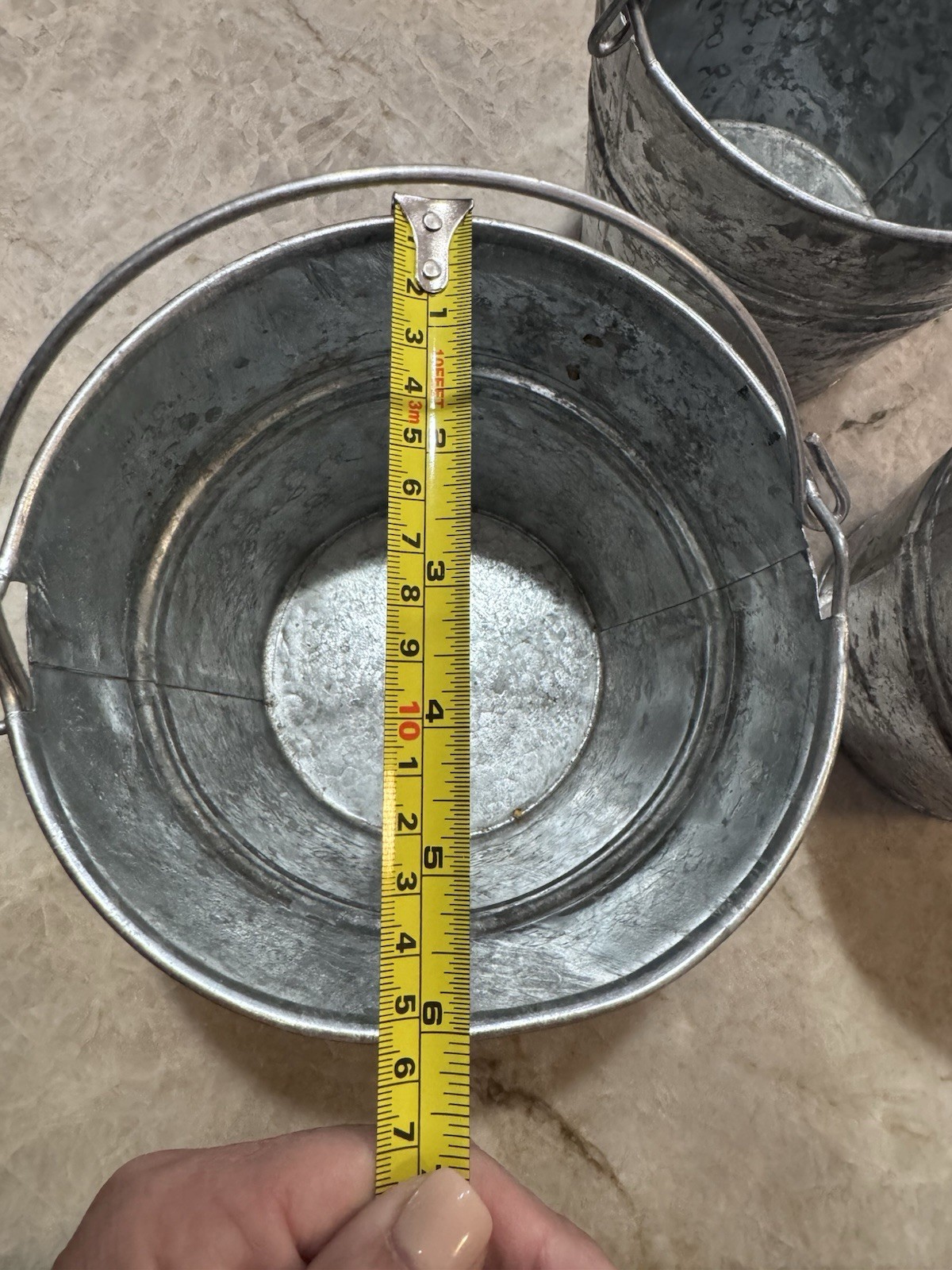 Set of 3 Small Galvanized Metal Buckets/Pails, Silver Round with Handles gallery