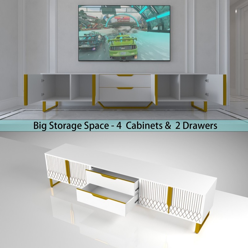 TV Stand with Storage Cabinet Featuring Carved Design With Metal Legs gallery