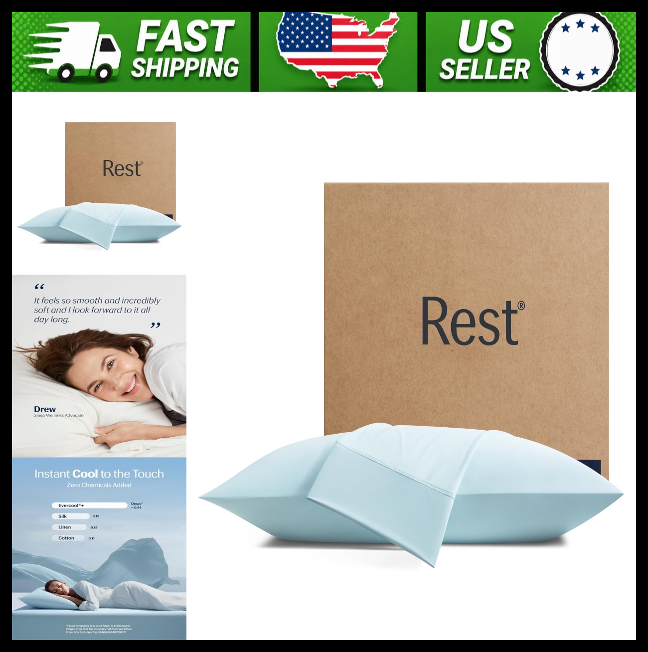 REST Evercool Cooling Pillowcases Standard 2 Pack Silver Infused Silky Smooth gallery