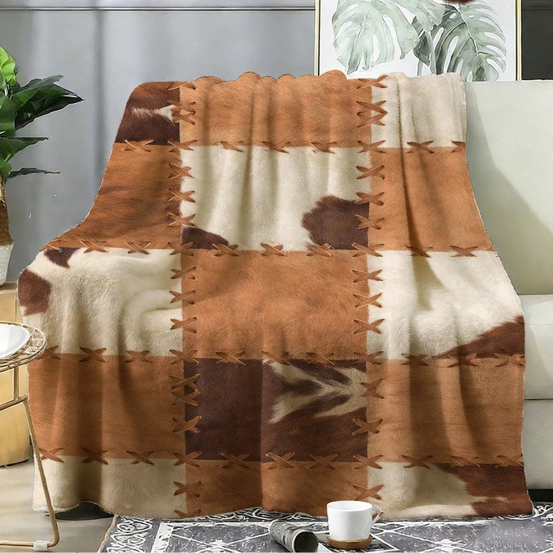 Cowhide Patchwork Flannel Blanket Soft Cozy Tapestry Napping Travel Use gallery
