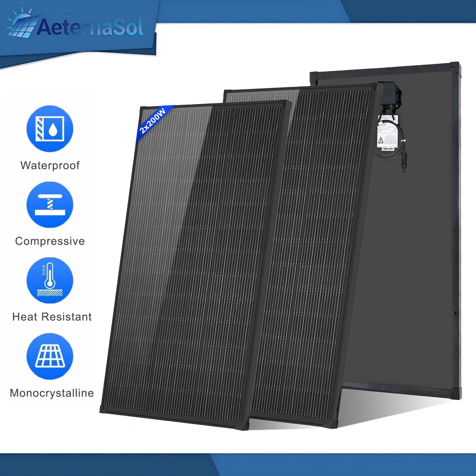 AeternaSol 400W(200W*2) Solar Panel 18V N-Type Mono 18BB Roof RV Boat Off-Grid gallery