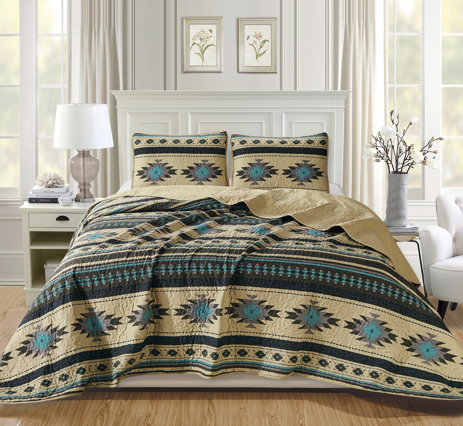 Chezmoi Collection 3-Piece Teal Beige Southwestern Tribal Quilt Bedspread Set gallery
