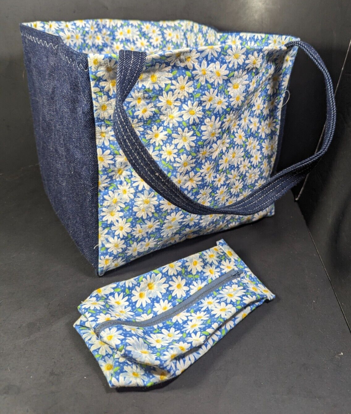 Reusable Shopping Grocery Tote Handmade Bag Floral + Denim 10" L x 10" W x 9" H gallery