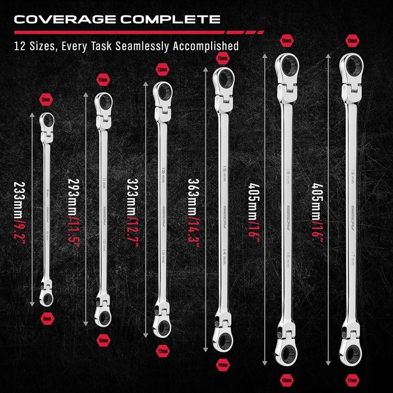 6Pcs Extra Long Ratcheting Wrenches Spanner Set Double Box End Flex-Head Metric gallery