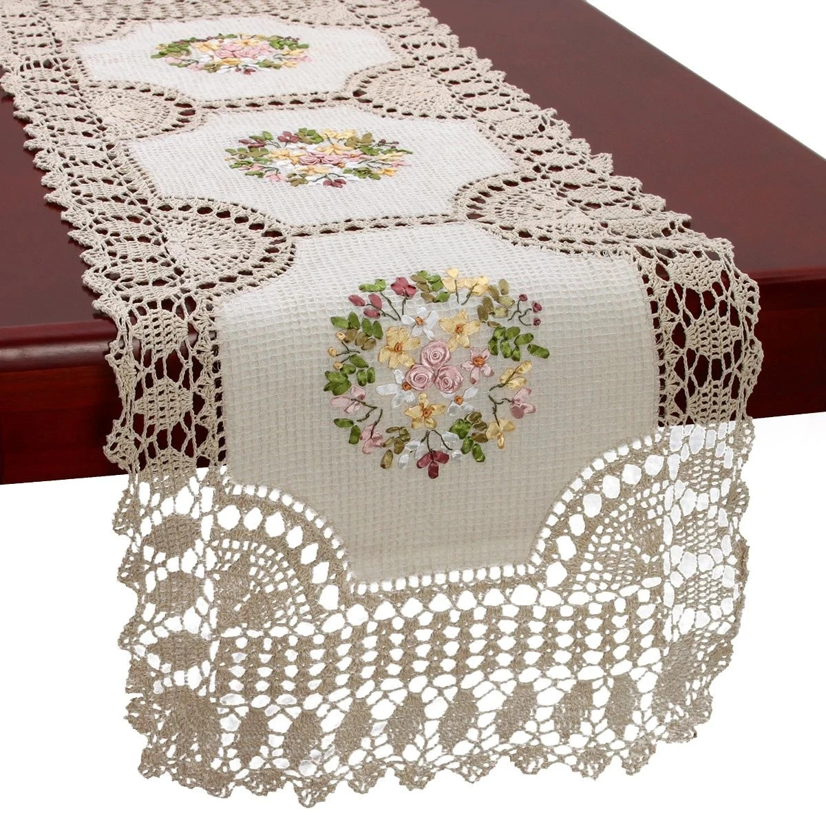 Handmade Crochet Cotton Lace Table Runner Dresser Scarf, Ribbon Embroidery, R... gallery