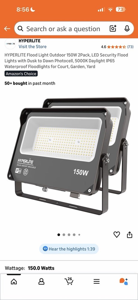 HYPERLITE LED Flood Light 150W 2 Pack 18000LM 5000K Daylight 150W, Bronze