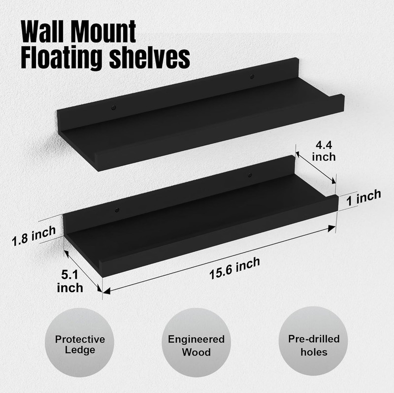 Boswillon 2 Black Floating Shelves, Wall Storage Ledge for Room Decor gallery