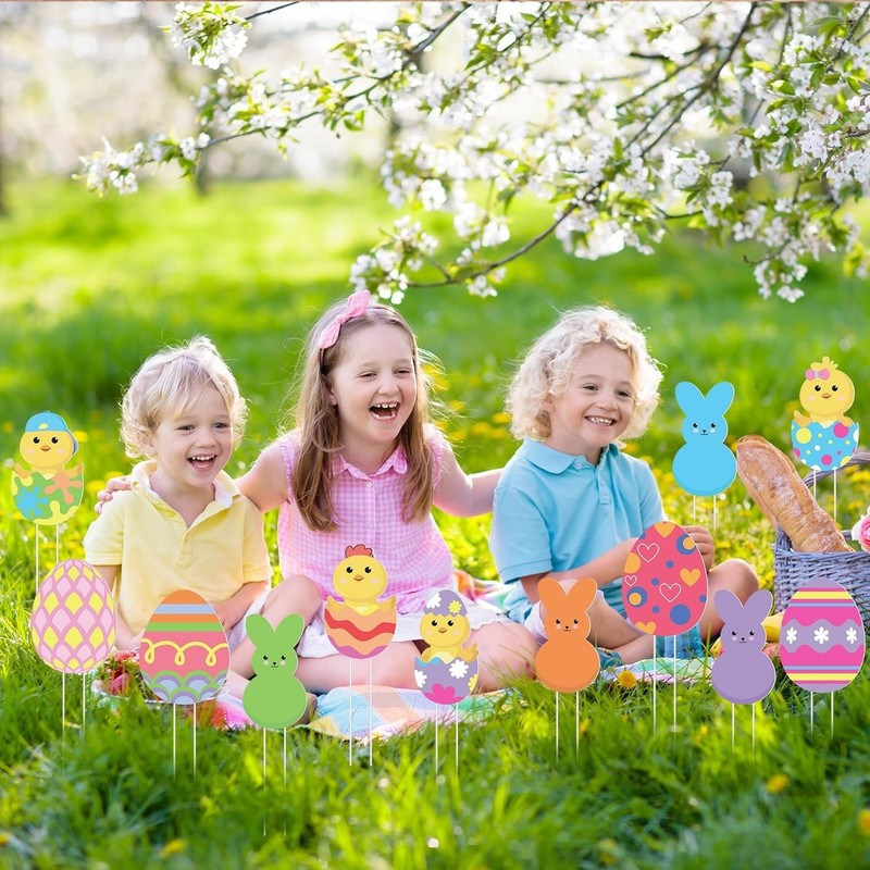 12 Pcs Easter Egg Planter Stakes-11 Inch Bunny Egg Chick Planter Stakes-Easte... gallery