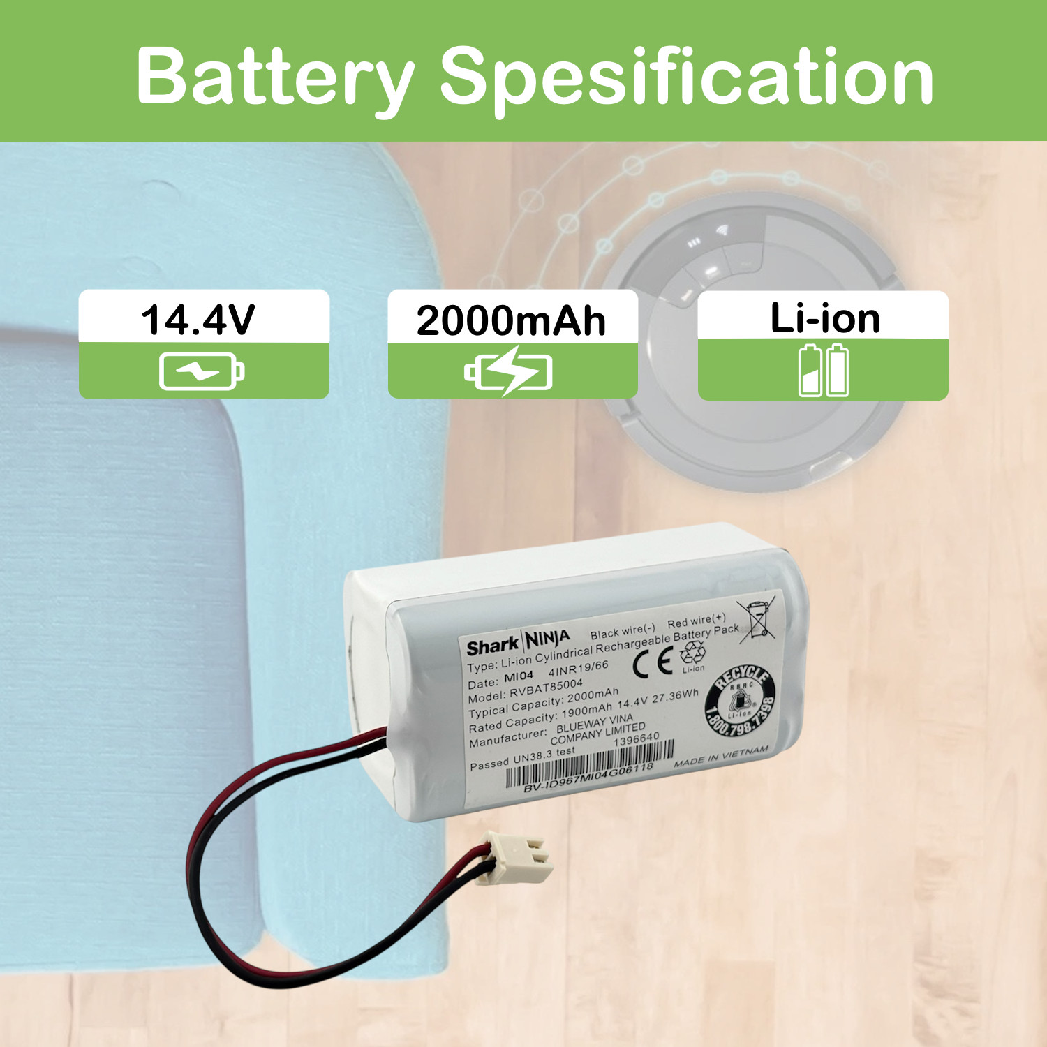 Genuine Li-ion Battery for Shark Robot Vacuum Cleaner RVBAT85004 14.4V 2000mAh gallery