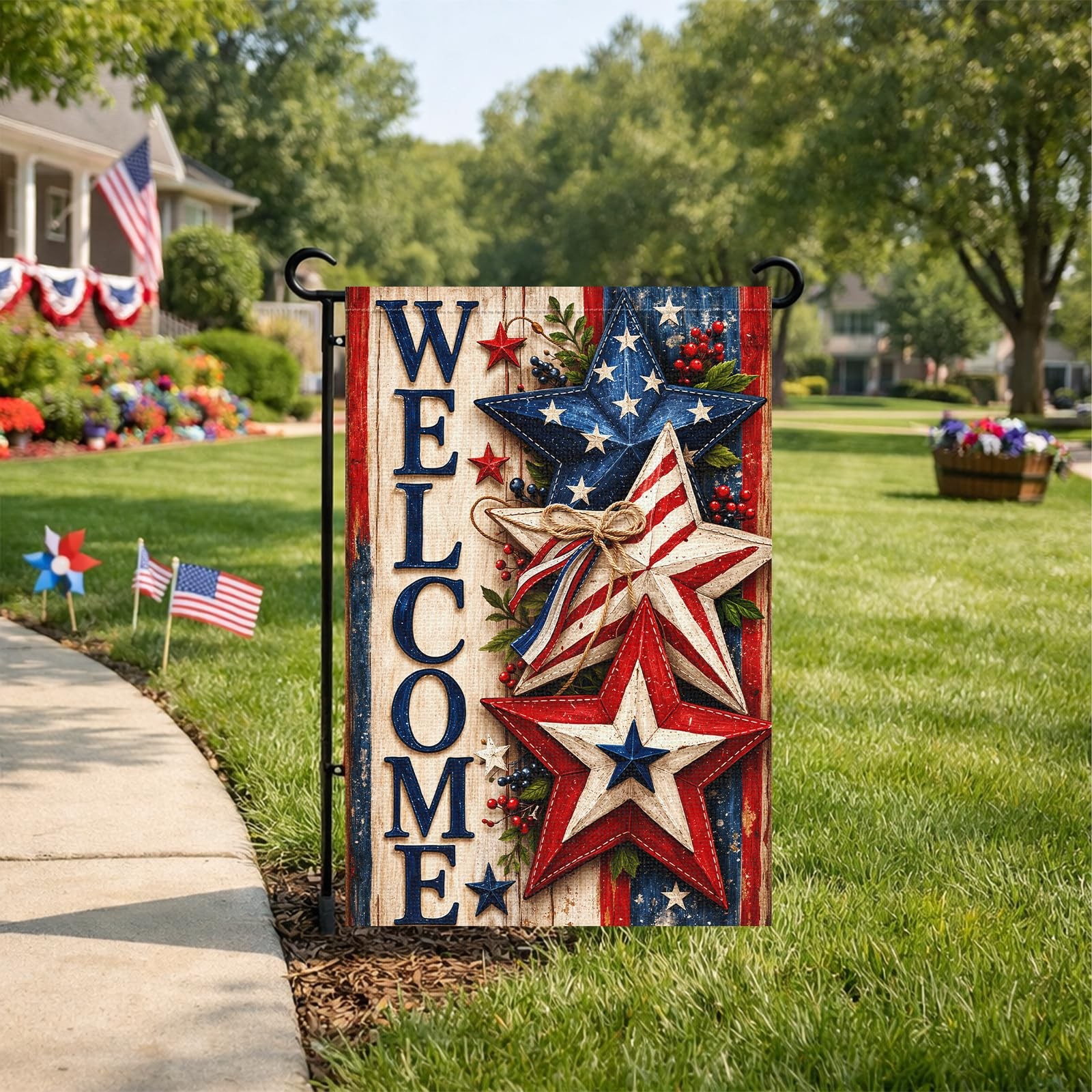 Patriotic Welcome Garden Flag with Rustic Star Design - Double Sided 12x18 Inch gallery