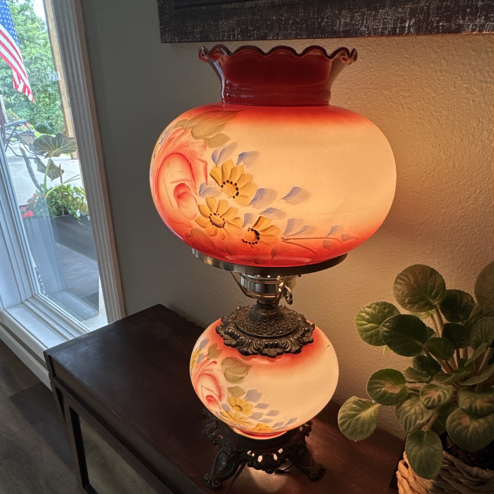 Vintage GWTW Hurricane Parlor Lamp Cranberry Red Floral 3-Way Electric gallery