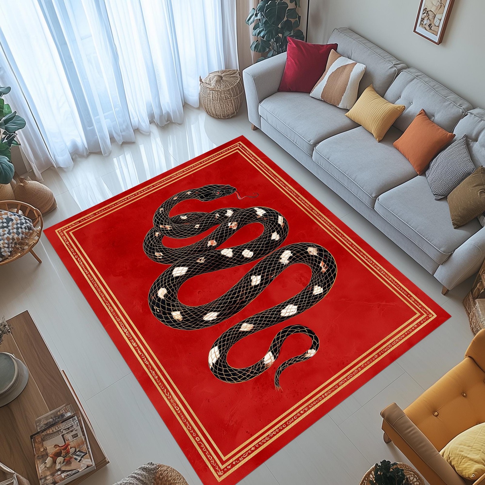 Crimson Serpent Rug Checkered Snake Red Gold Frame Gothic Decor gallery