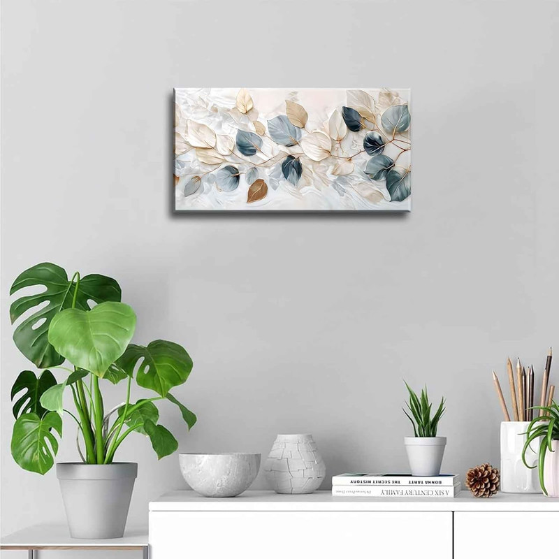 Large Living Eucalyptus Leaf Canvas Wall Art Teal White Botanical Abstract Decor gallery
