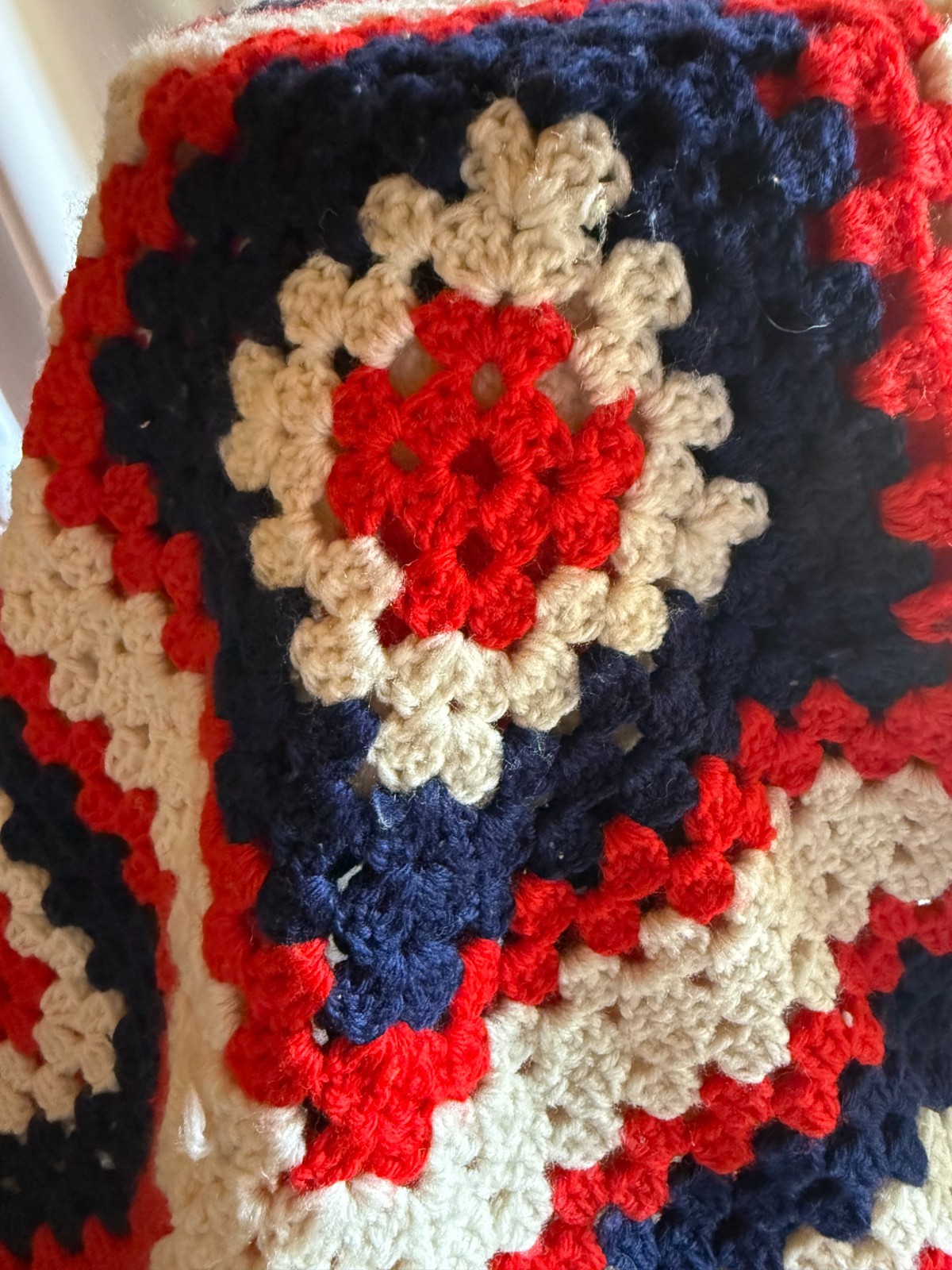 Granny Square Red White & Blue Patriotic Hand Crochet 47x39 Afghan Blanket Vtg gallery