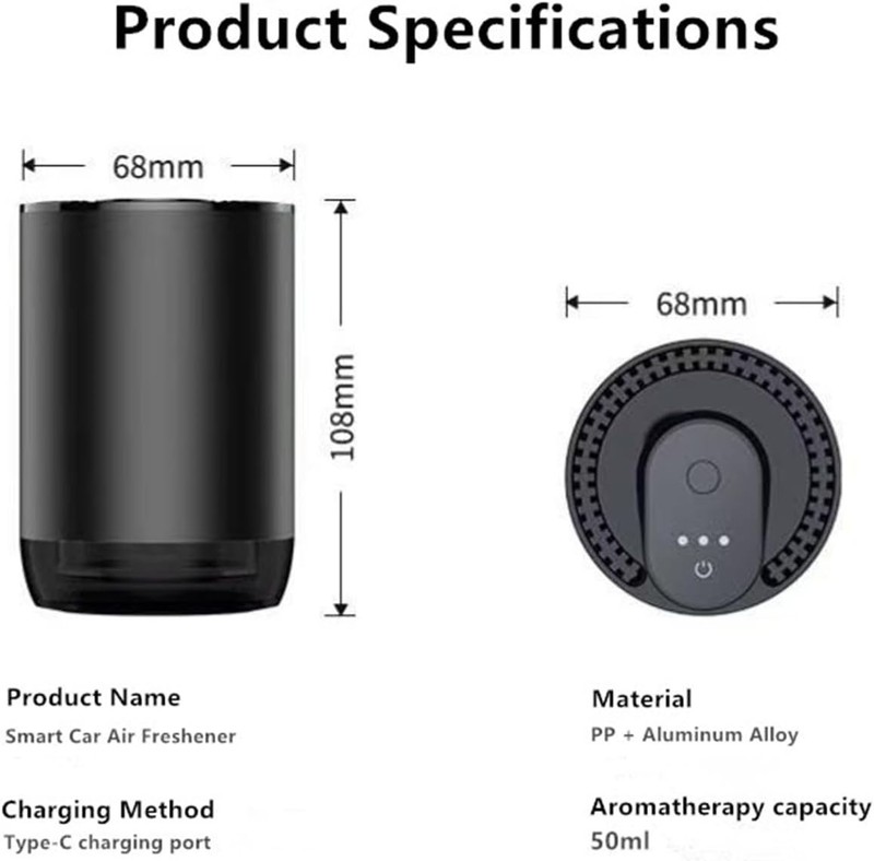 Smart Car Air Freshener Diffuser, 50ML, Ultrasonic Mist, USB-C Portable, Black gallery