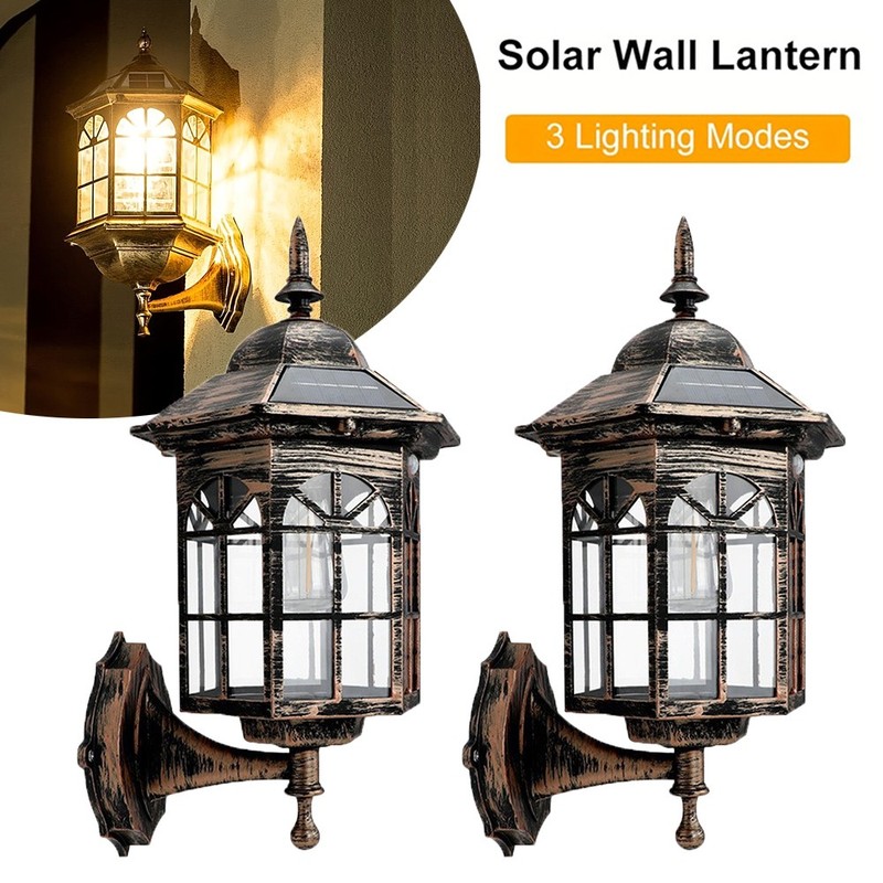 Solar Wall Lantern Lights 2 Pack Outdoor Waterproof LED Dusk to Dawn NEW gallery
