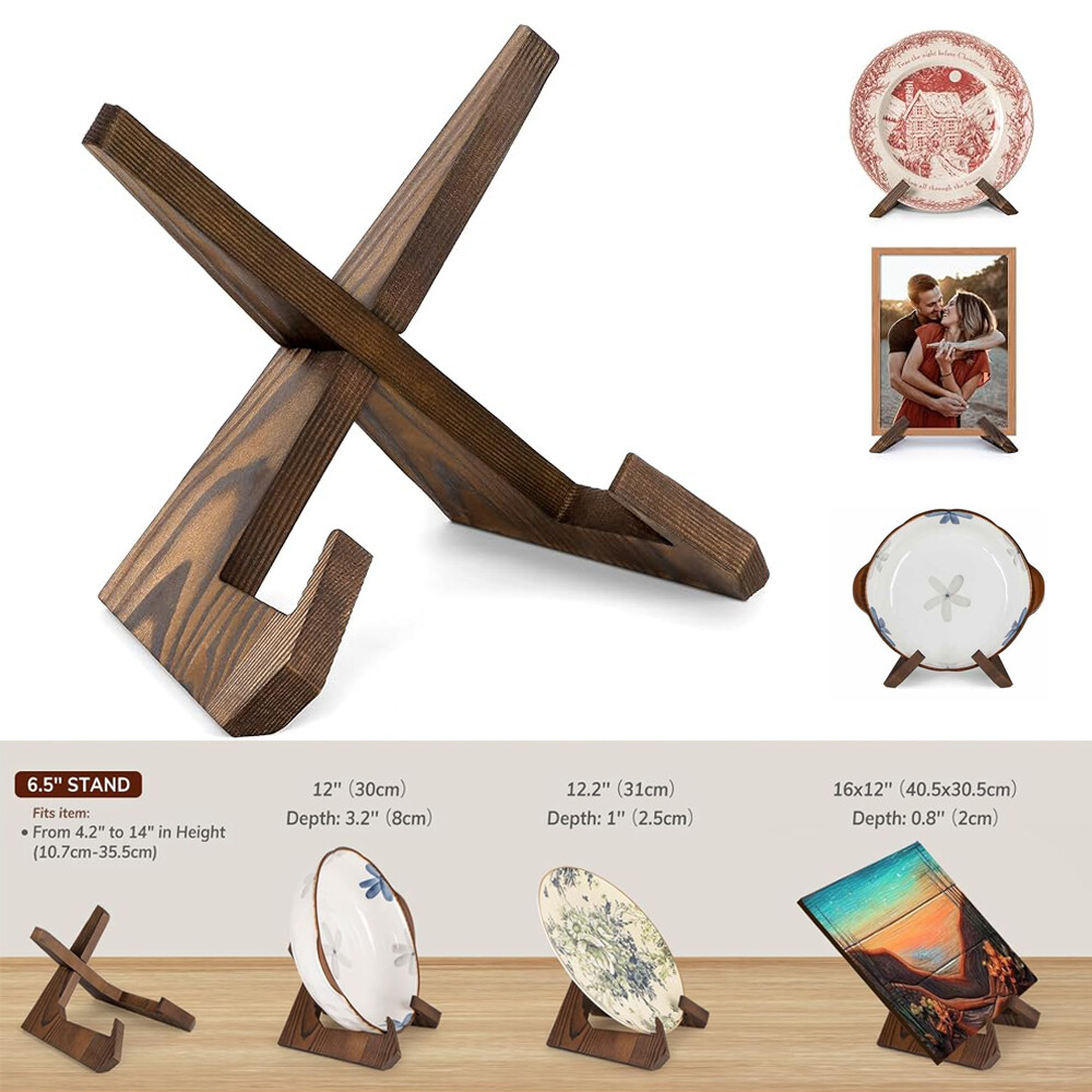2Pack Acacia Wood Tabletop Plate Display Stand, Saucer Rack, Photo Frame Holder gallery