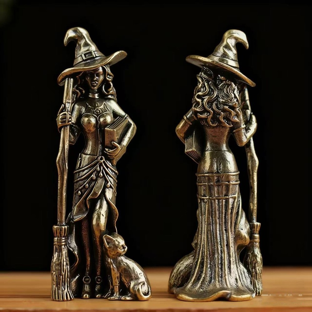 2PCS Brass witch Broom cat figure statue Halloween magical fantasy decor
