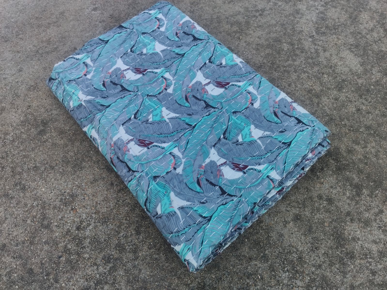 Indian Hand Block Banana Leaf Print Cotton Kantha Quilt Queen Size Blanket gallery